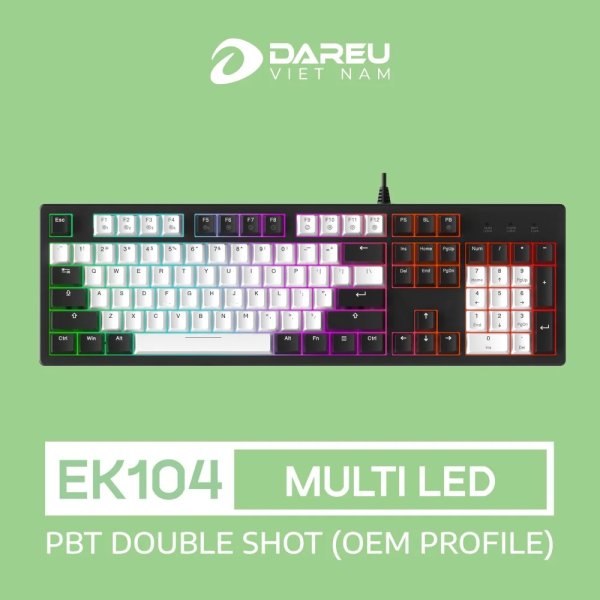 DAREU EK104 WHITE x BLACK (2 sides RGB strip, Multi-Led, PBT Double Shot OEM profile, DareU DREAM / FIREFLY sw)